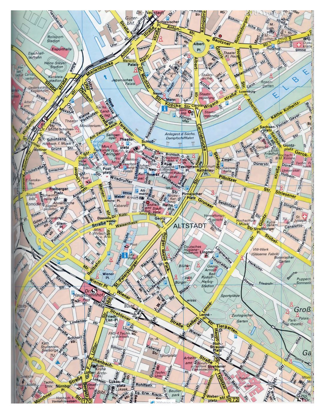 Large detailed streets map of central part of Dresden city