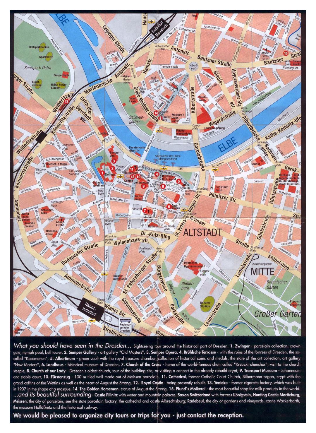 Large detailed tourist map of central part of Dresden city