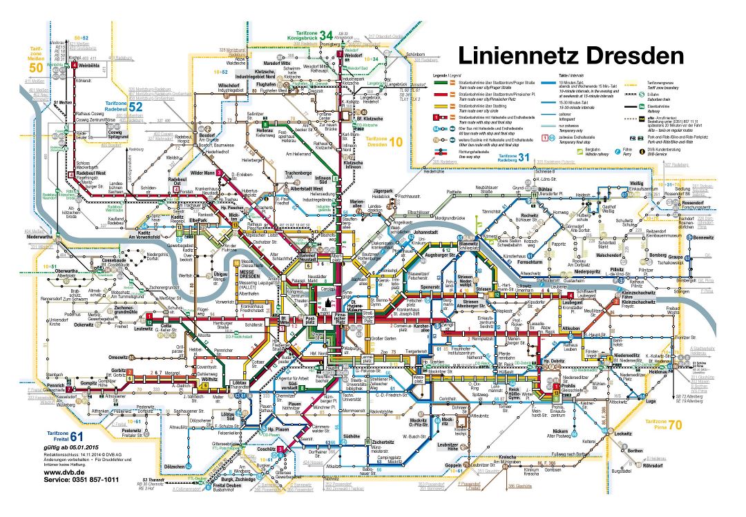 Large detailed tram and bus map of Dresden city