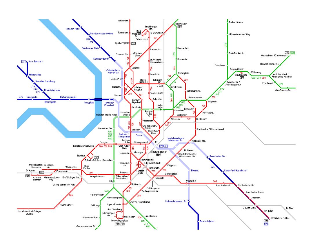 Detailed tram map of Dusseldorf