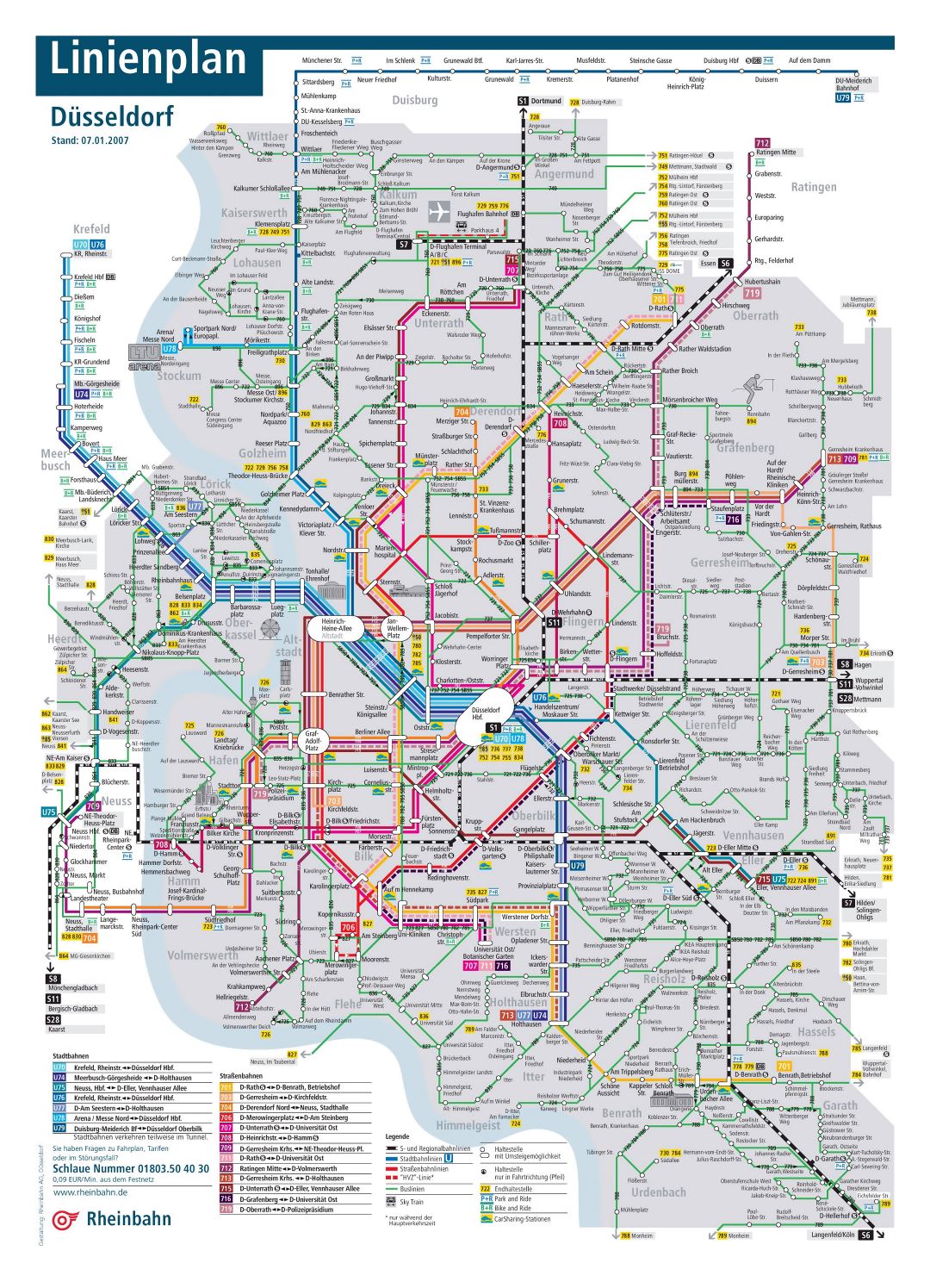 Large detailed public transport map of Dusseldorf city