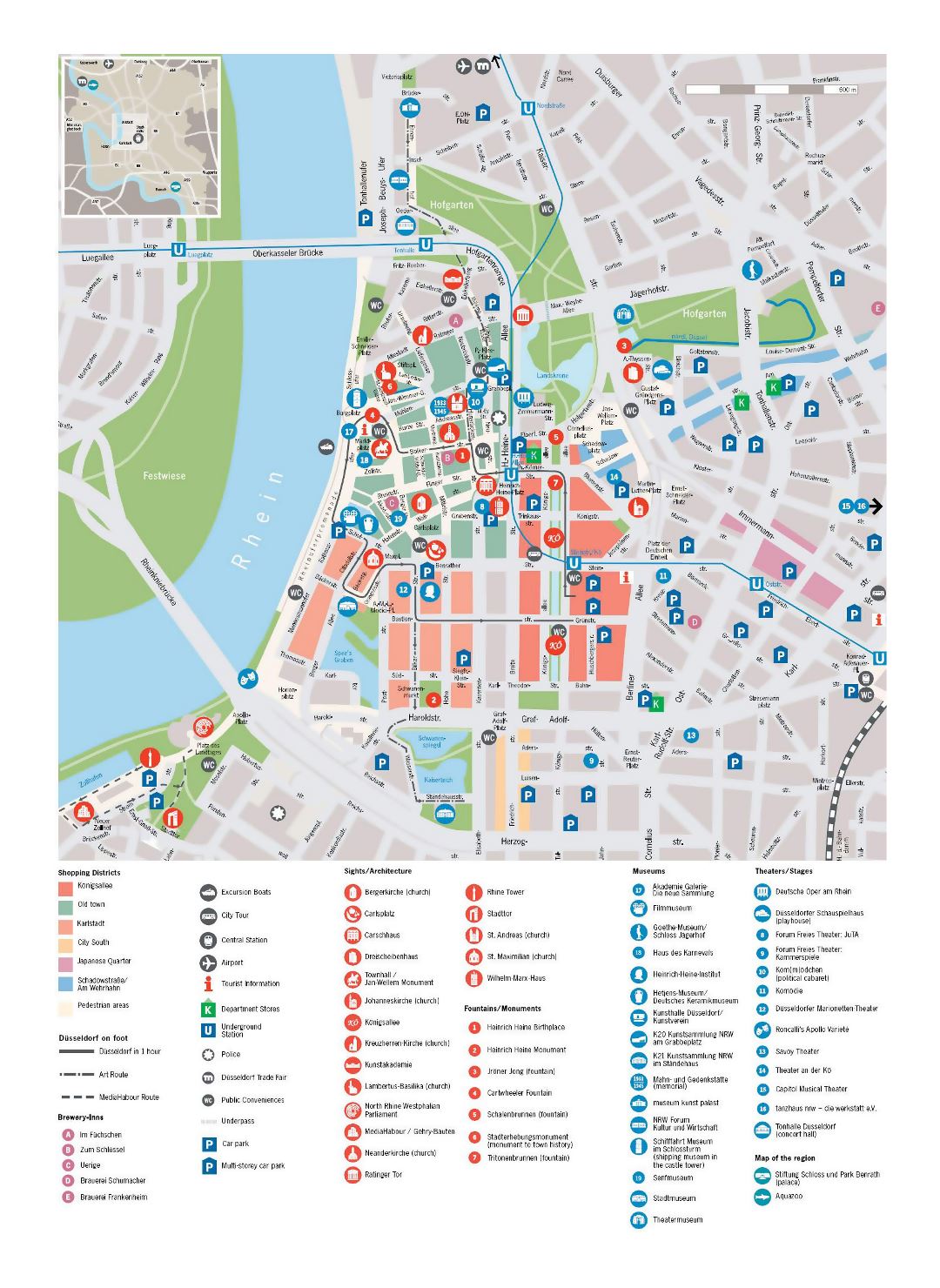 Large detailed tourist map of central part of Dusseldorf city