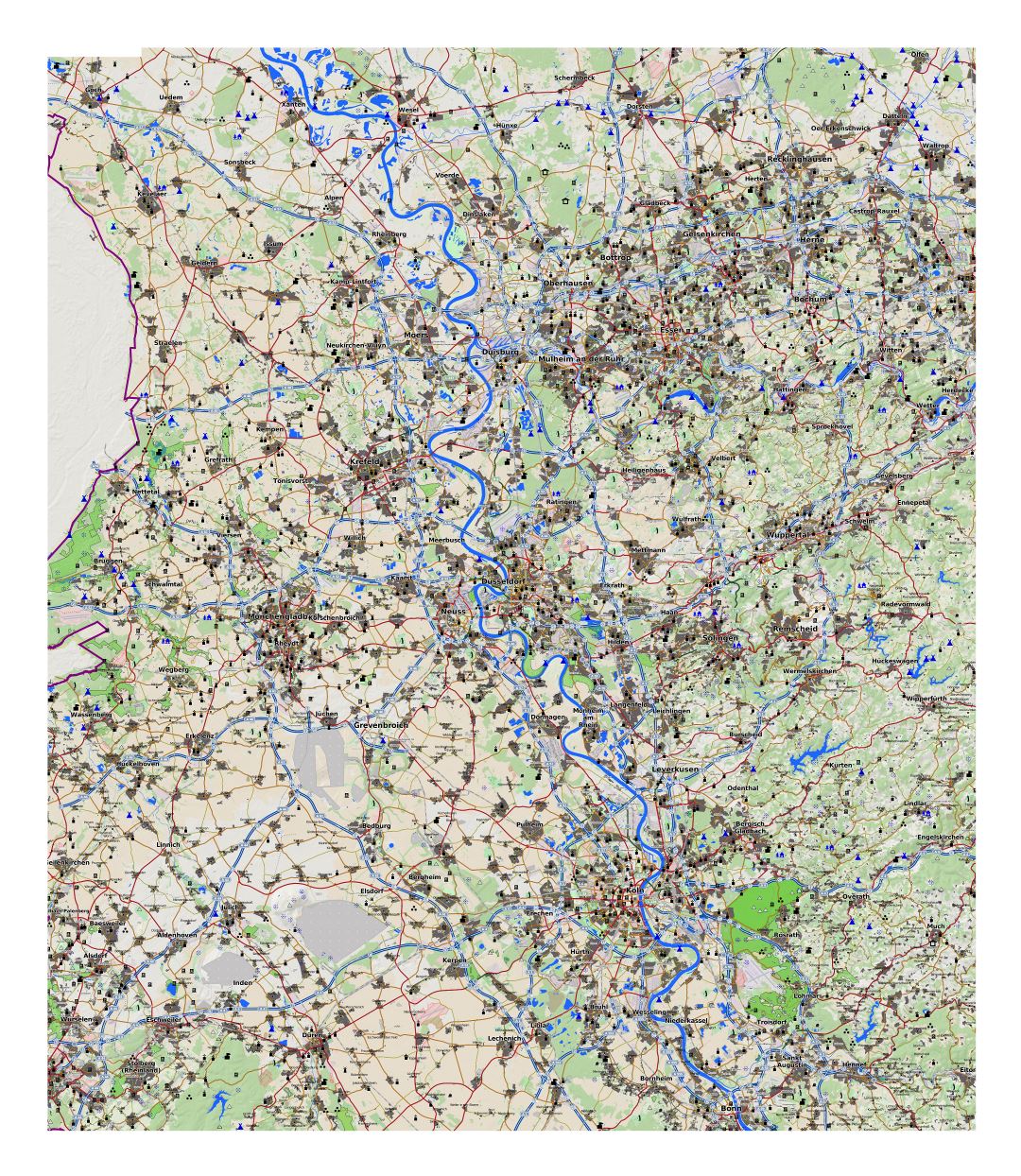 Large map of Dusseldorf city surrounding area