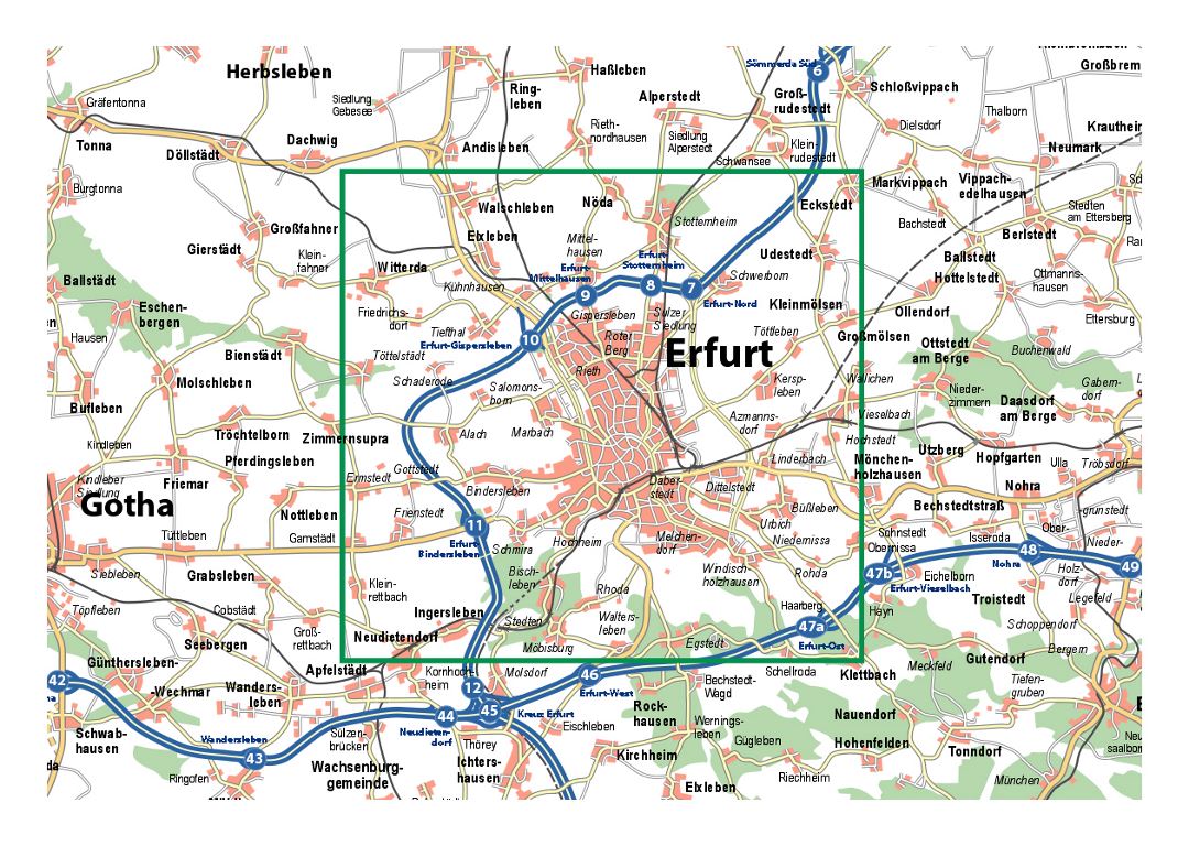 Detailed map of Erfurt and its surroundings