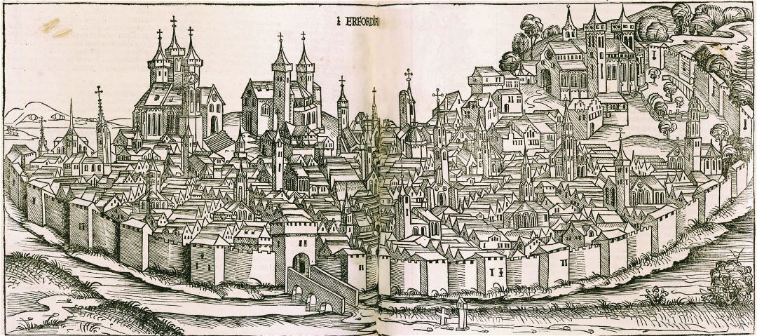 Large detailed old antique panoramic view of Erfurt city - 1493