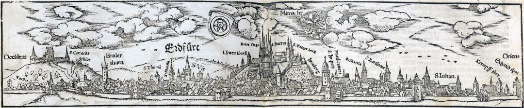 Large detailed old antique panoramic view of Erfurt city - 1550