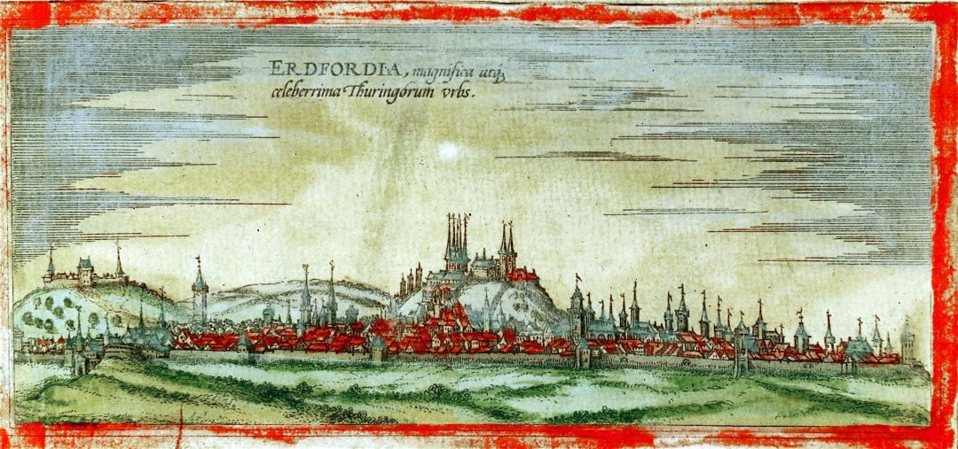 Large detailed old antique panoramic view of Erfurt city - 1572