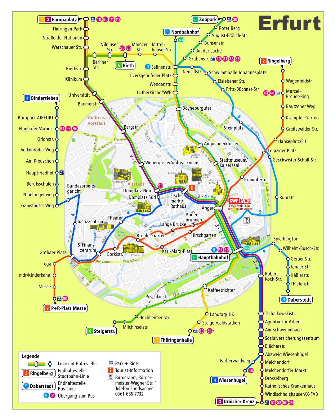 Large detailed public transport network map of Erfurt city