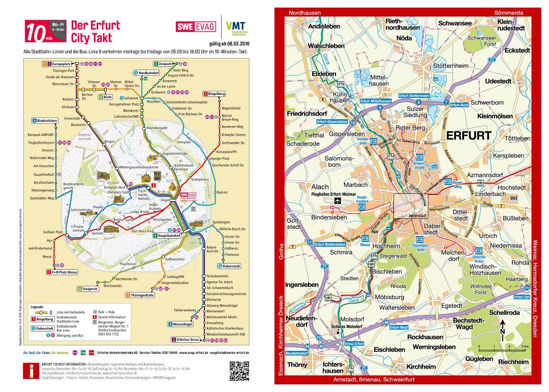 Large detailed road map of Erfurt city and its surroundings with public transport network map
