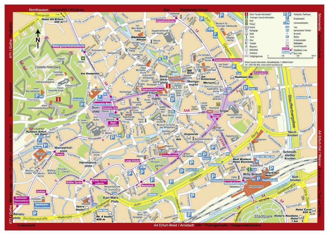 Large detailed tourist map of central part of Erfurt city
