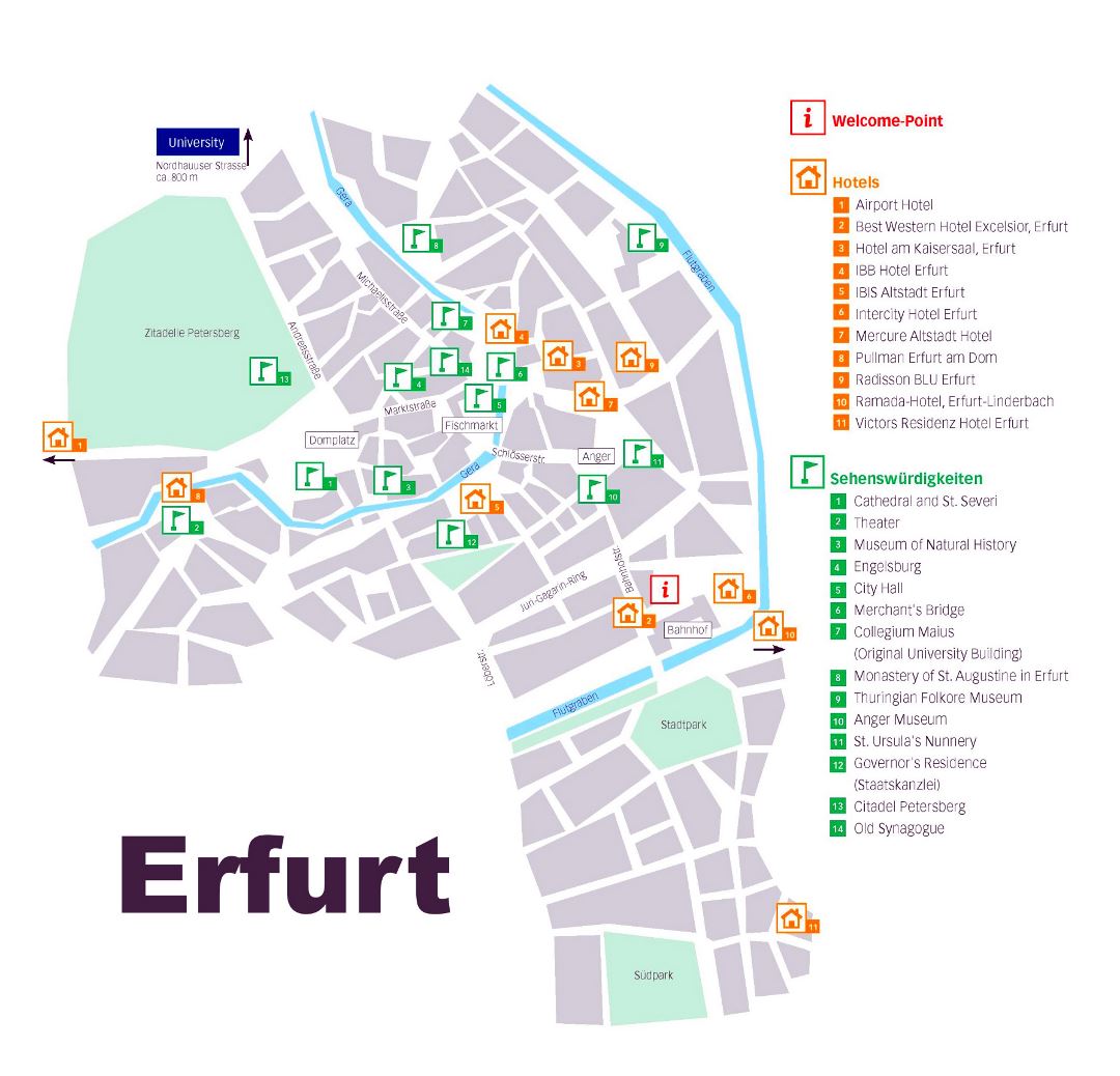 Large detailed tourist map of central part of Erfurt