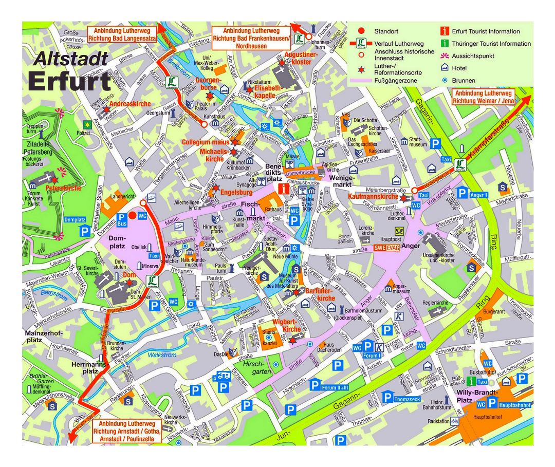 Large detailed travel map of central part of Erfurt city