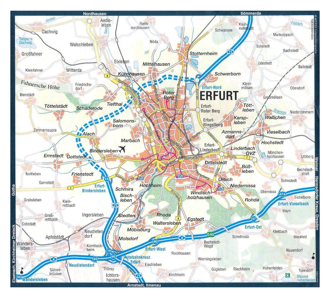 Large map of Erfurt city and its surroundings with roads and other marks