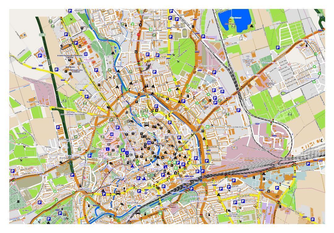 Large map of Erfurt city with other marks