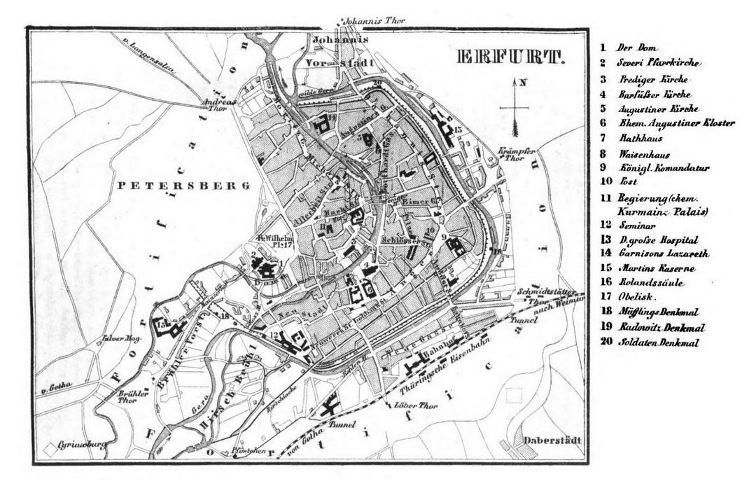 Large old map of Erfurt city - 1860