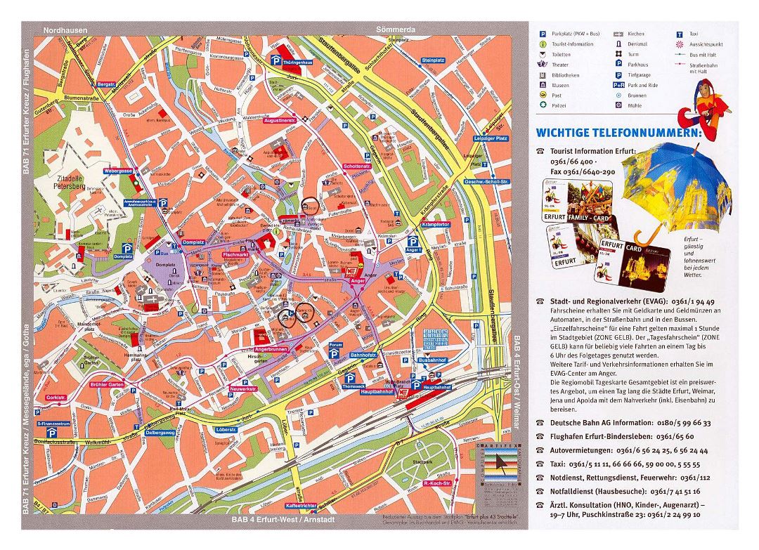 Large tourist map of central part of Erfurt city