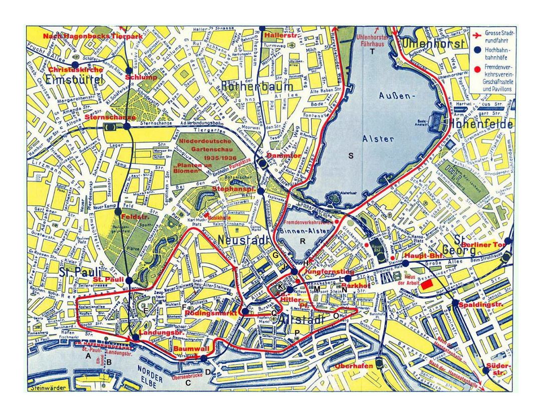 Detailed map of central part of Hamburg city