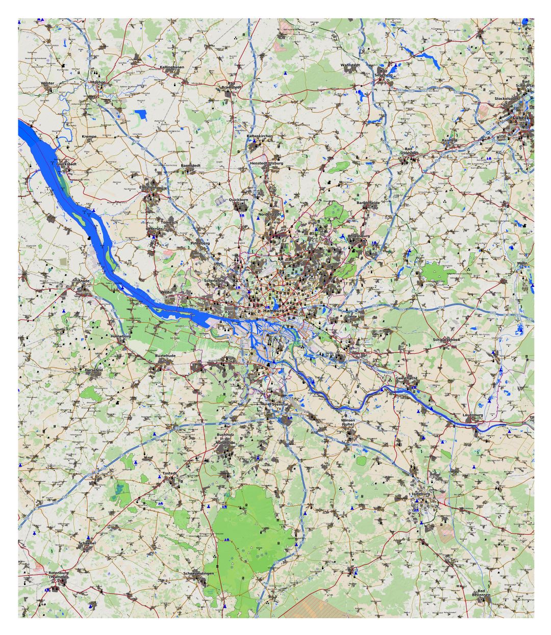 Large detailed map of Hamburg city and surroundings area