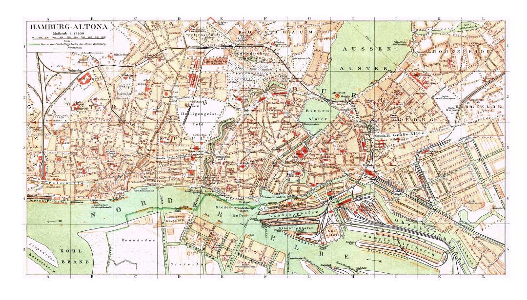 Large detailed old map of Hamburg city - 1890
