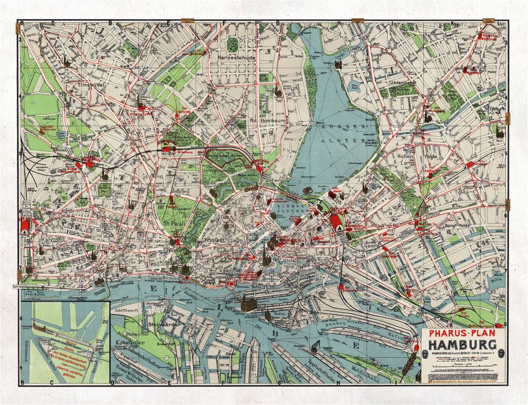 Large detailed old map of Hamburg city - 1911