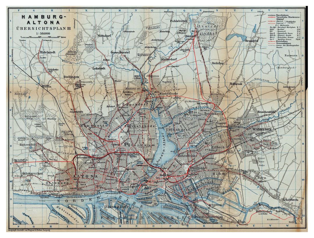 Large detailed old rail map of Hamburg city - 1910