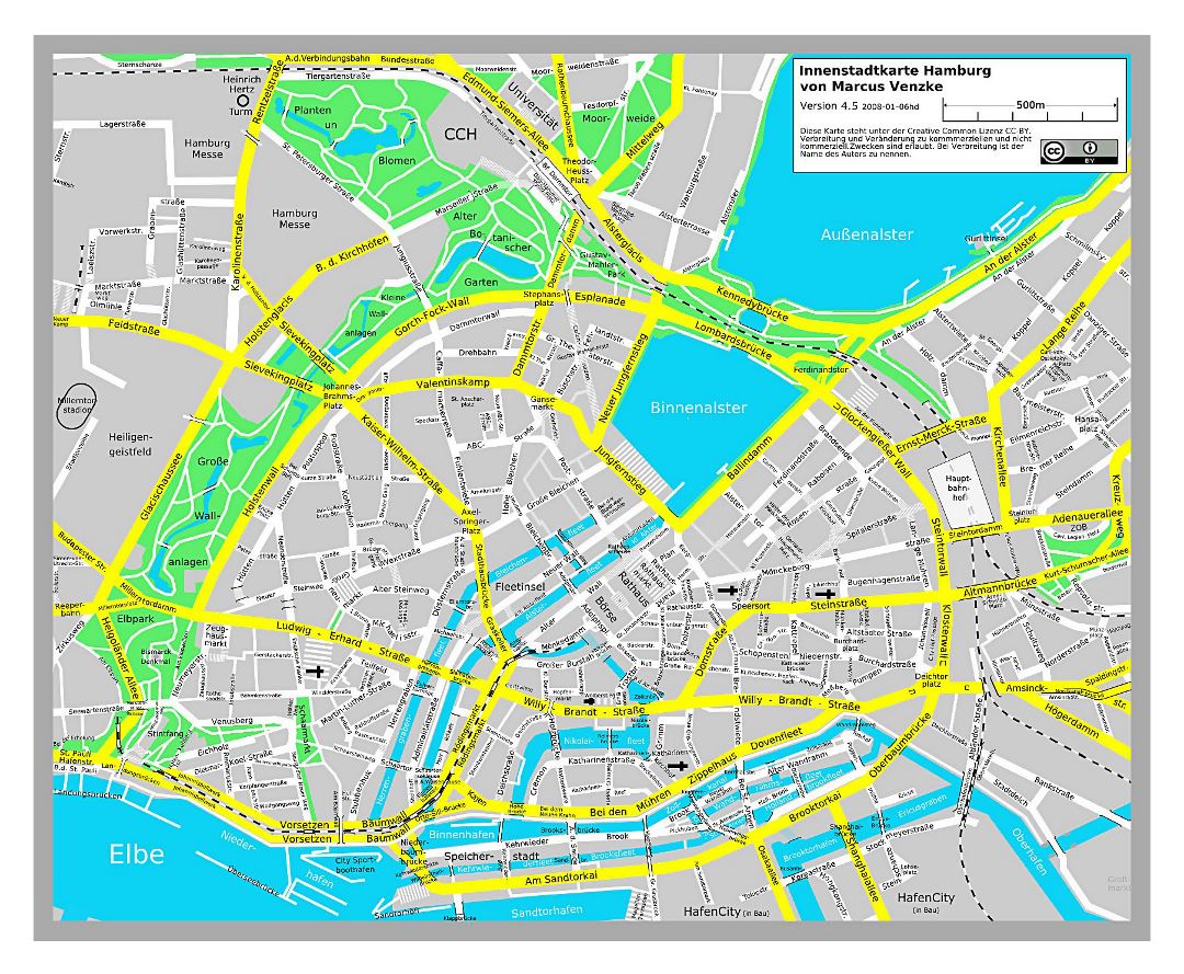 Large detailed road map of Hamburg city