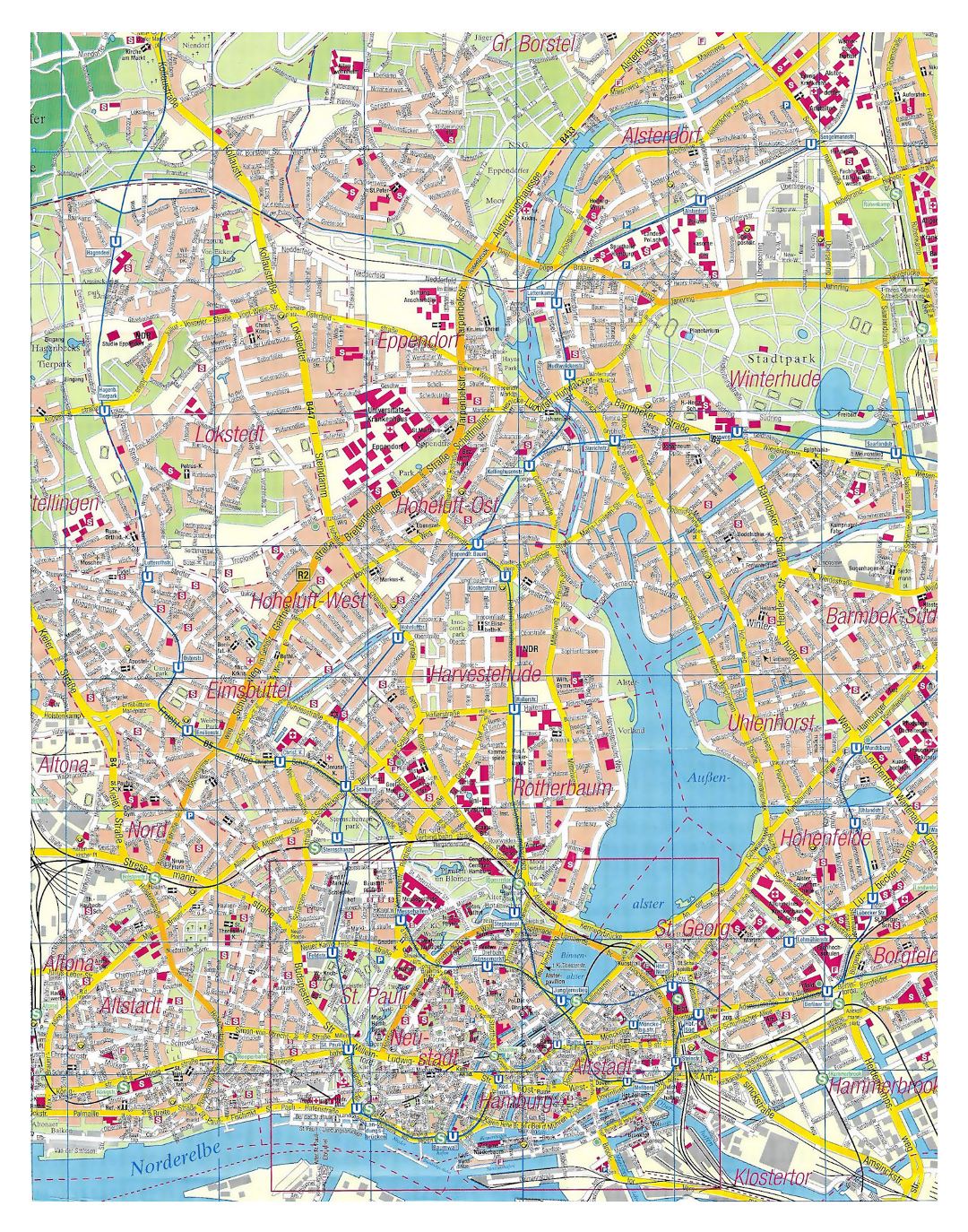 Large detailed street map of Hamburg city
