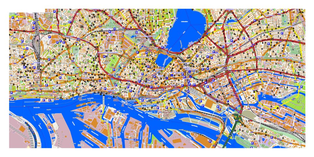 Large map of Hamburg city with other marks