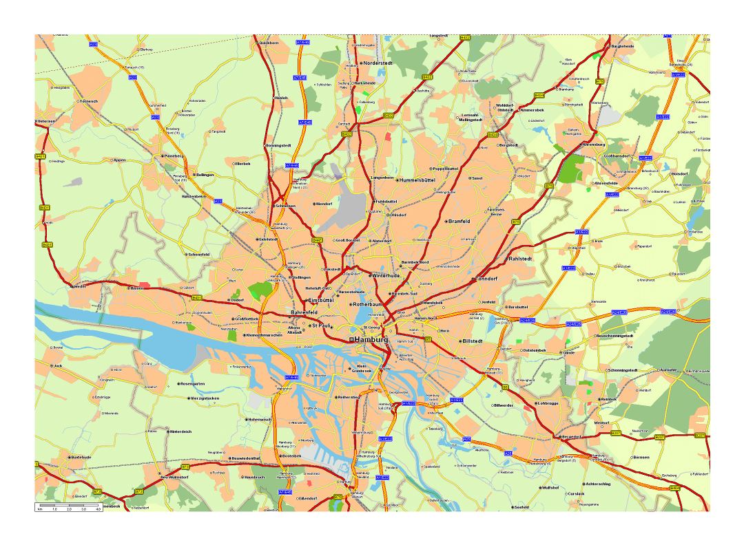 Large road map of Hamburg city and its surroundings