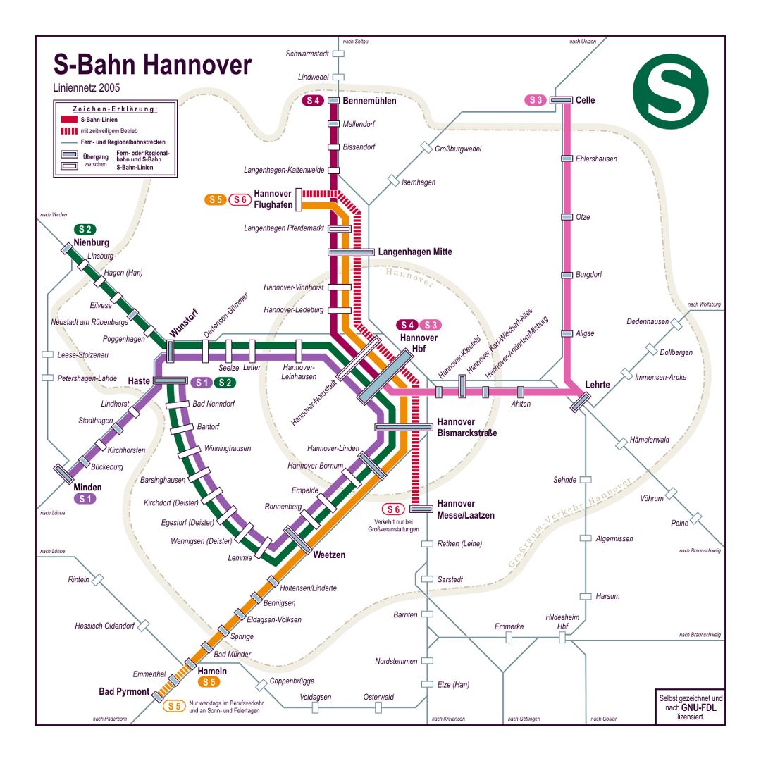 Detailed S-Bahn map of Hannover - 2005