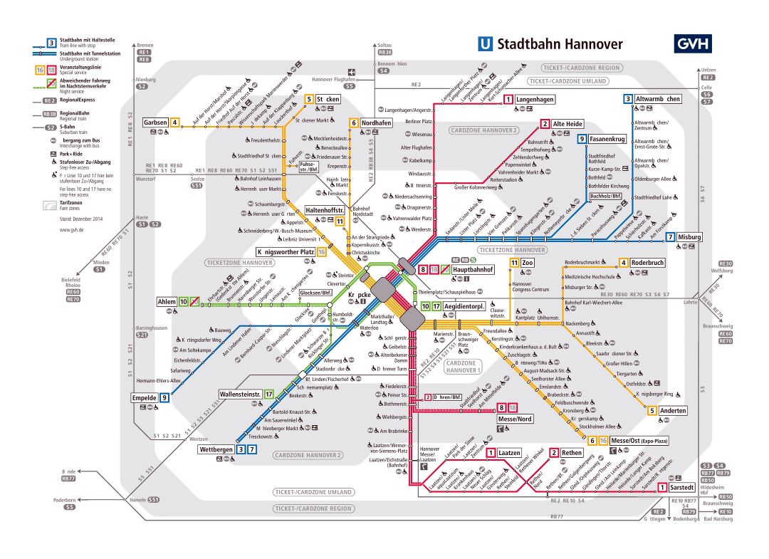 Large detailed tram and metro map of Hannover