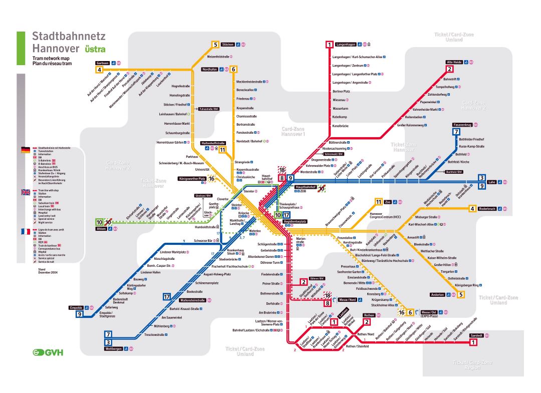 Large detailed tram network map of Hannover