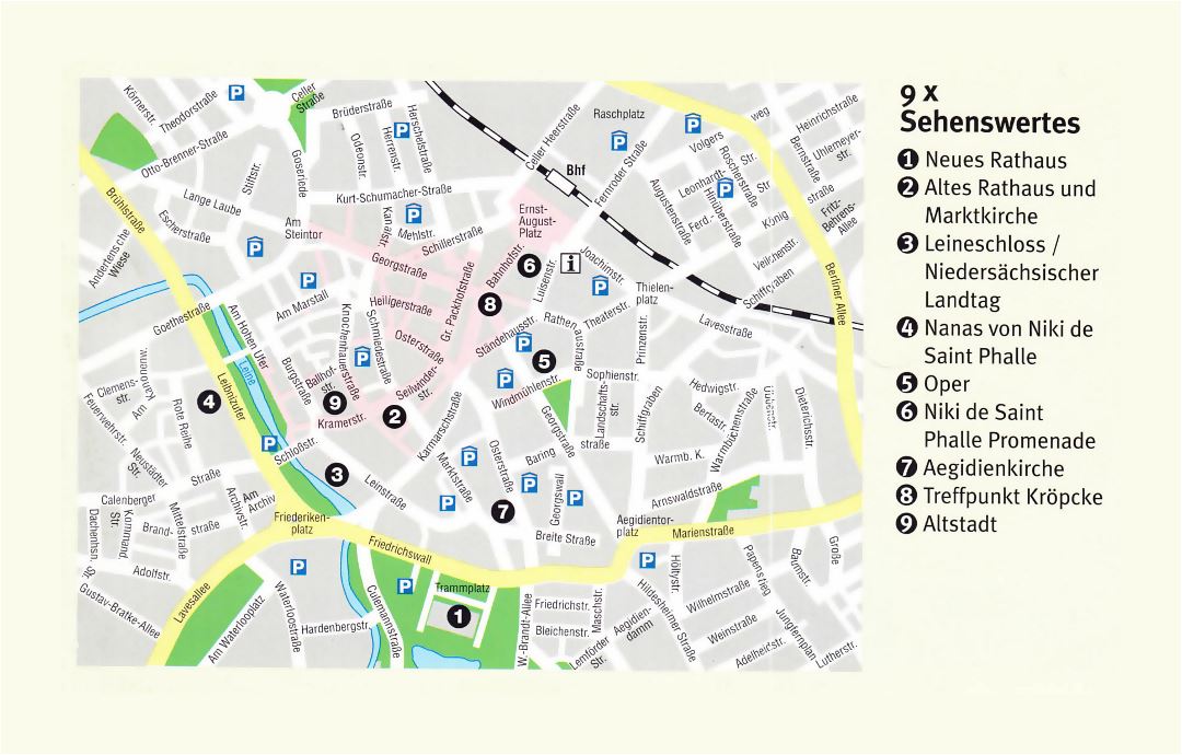 Large travel map of central part of Hannover city