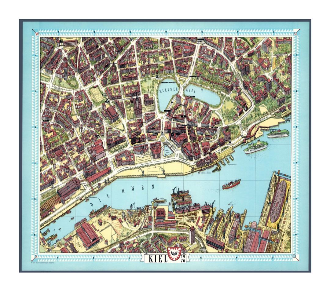 Detailed old illustrated map of central part of Kiel city - 1976