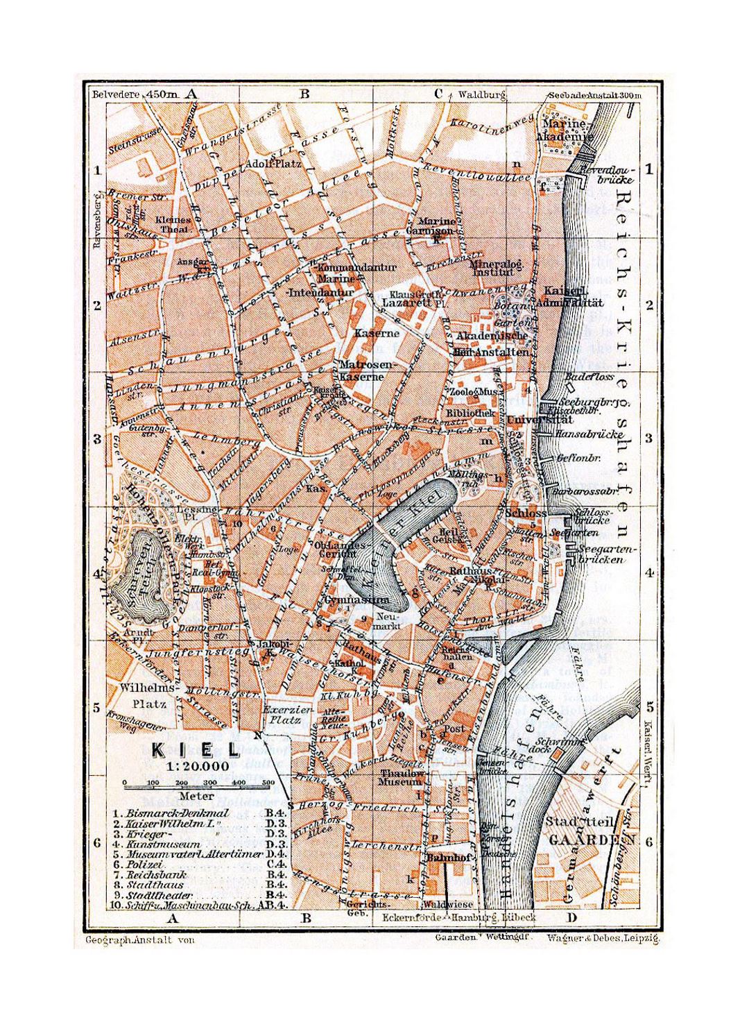 Detailed old map of Kiel city - 1910
