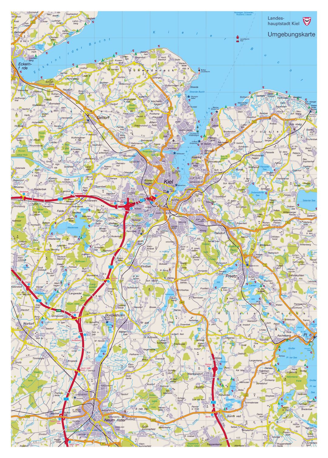 Large detailed map of surroundings of Kiel city