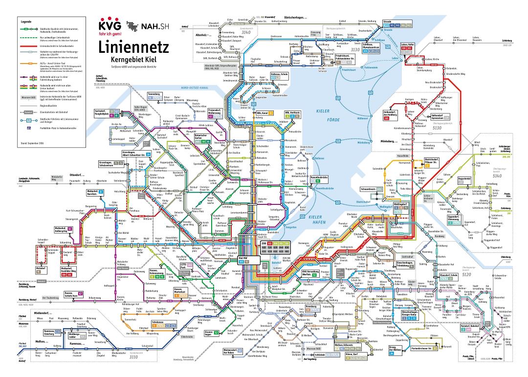 Large detailed public transport network map of Kiel city