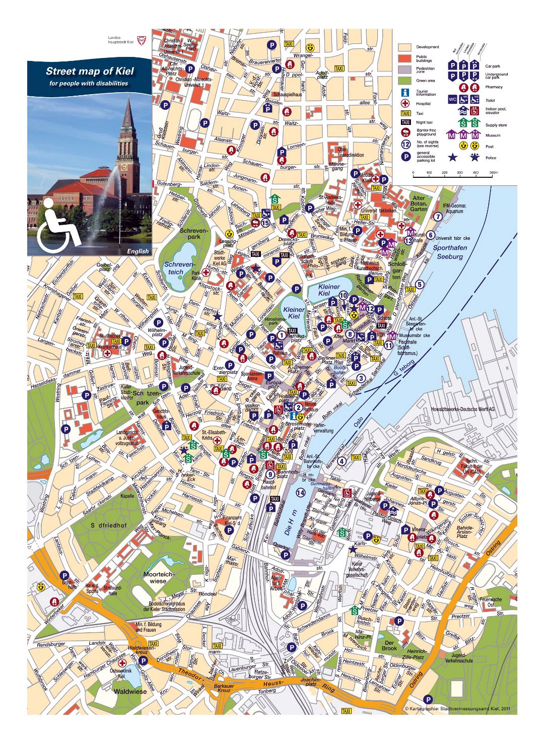 Large detailed tourist attractions map of central part of Kiel city