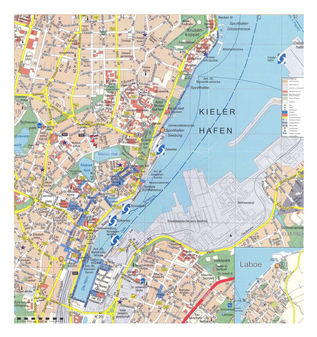 Large detailed tourist map of central part of Kiel city