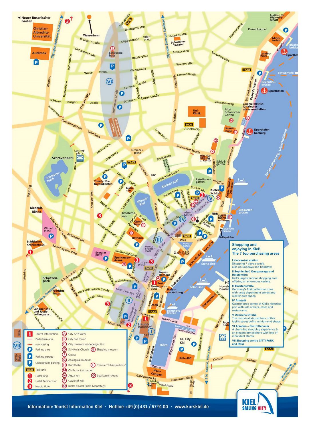 Large detailed travel map of central part of Kiel city