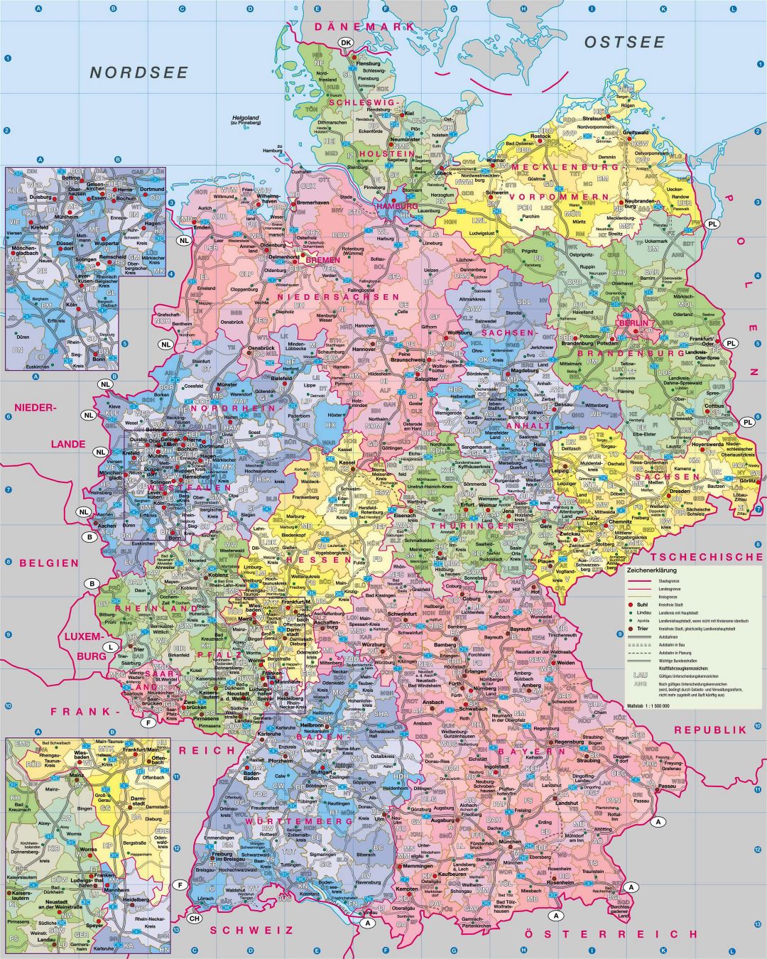 Large administrative map of Germany with roads and cities