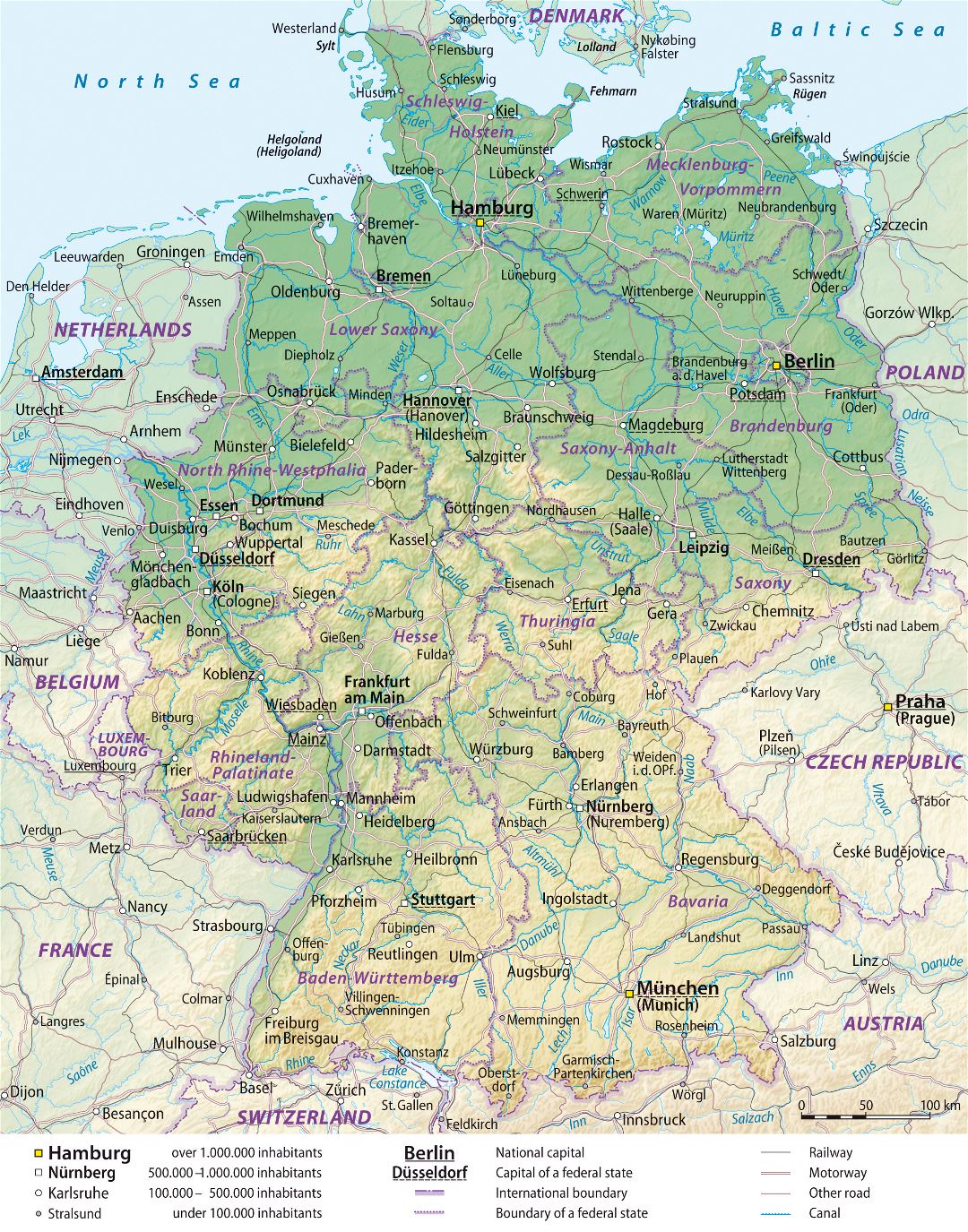 Large detailed elevation map of Germany with administrative divisions, roads and cities