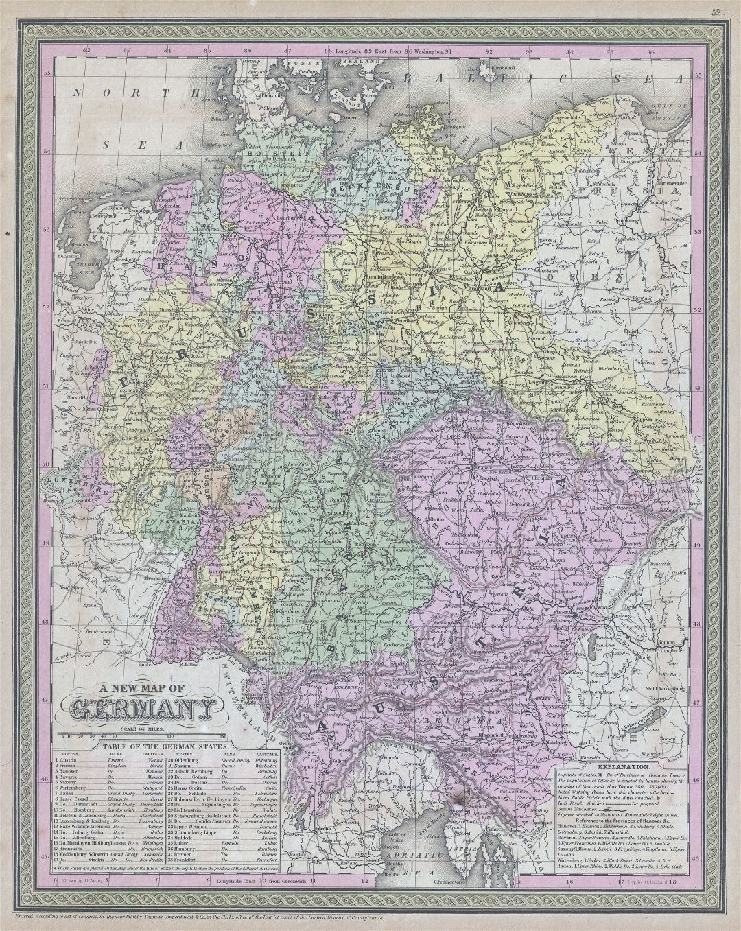 Large detailed old political and administrative map of Germany with cities - 1853