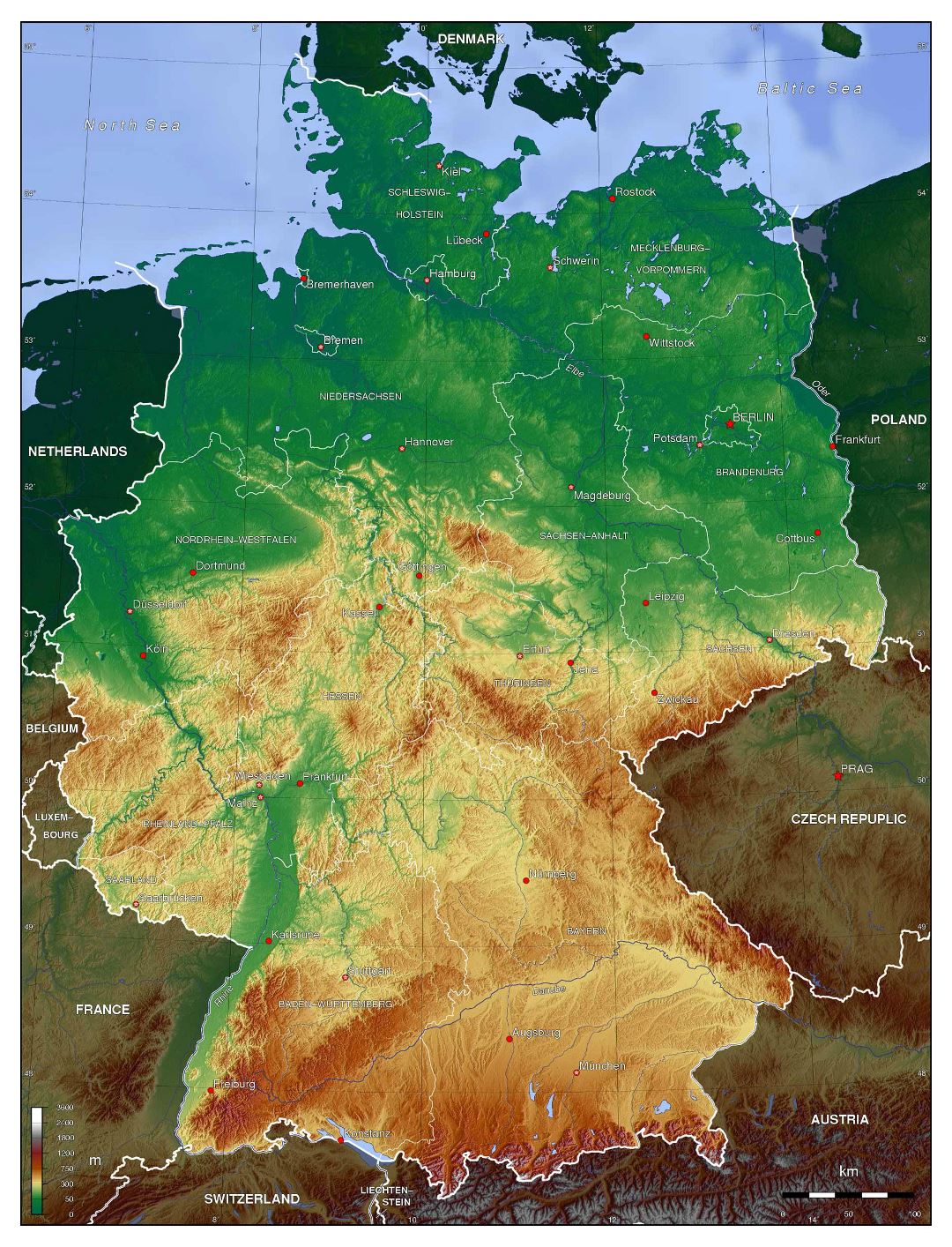 Large detailed physical map of Germany