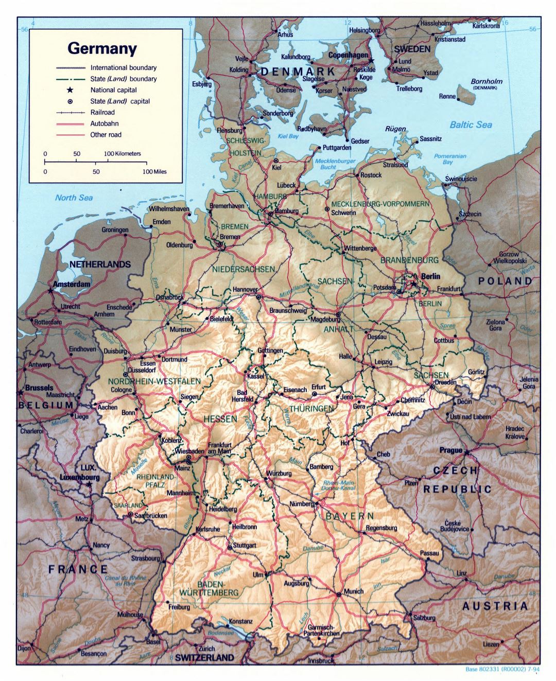 Large detailed political and administrative map of Germany with relief, roads and major cities - 1994