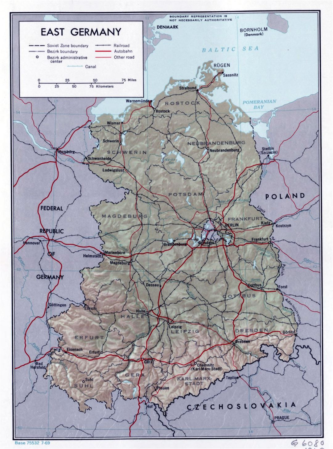 Large political and administrative map of East Germany with relief, roads, railroads and major cities - 1969