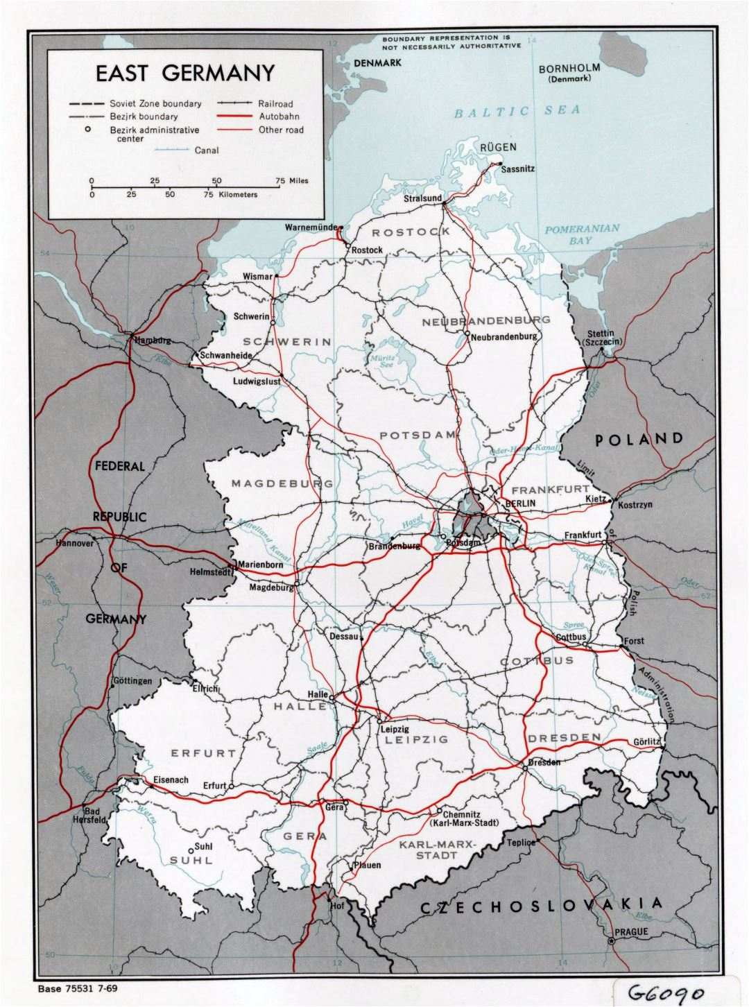 Large political and administrative map of East Germany with roads, railroads and major cities - 1969