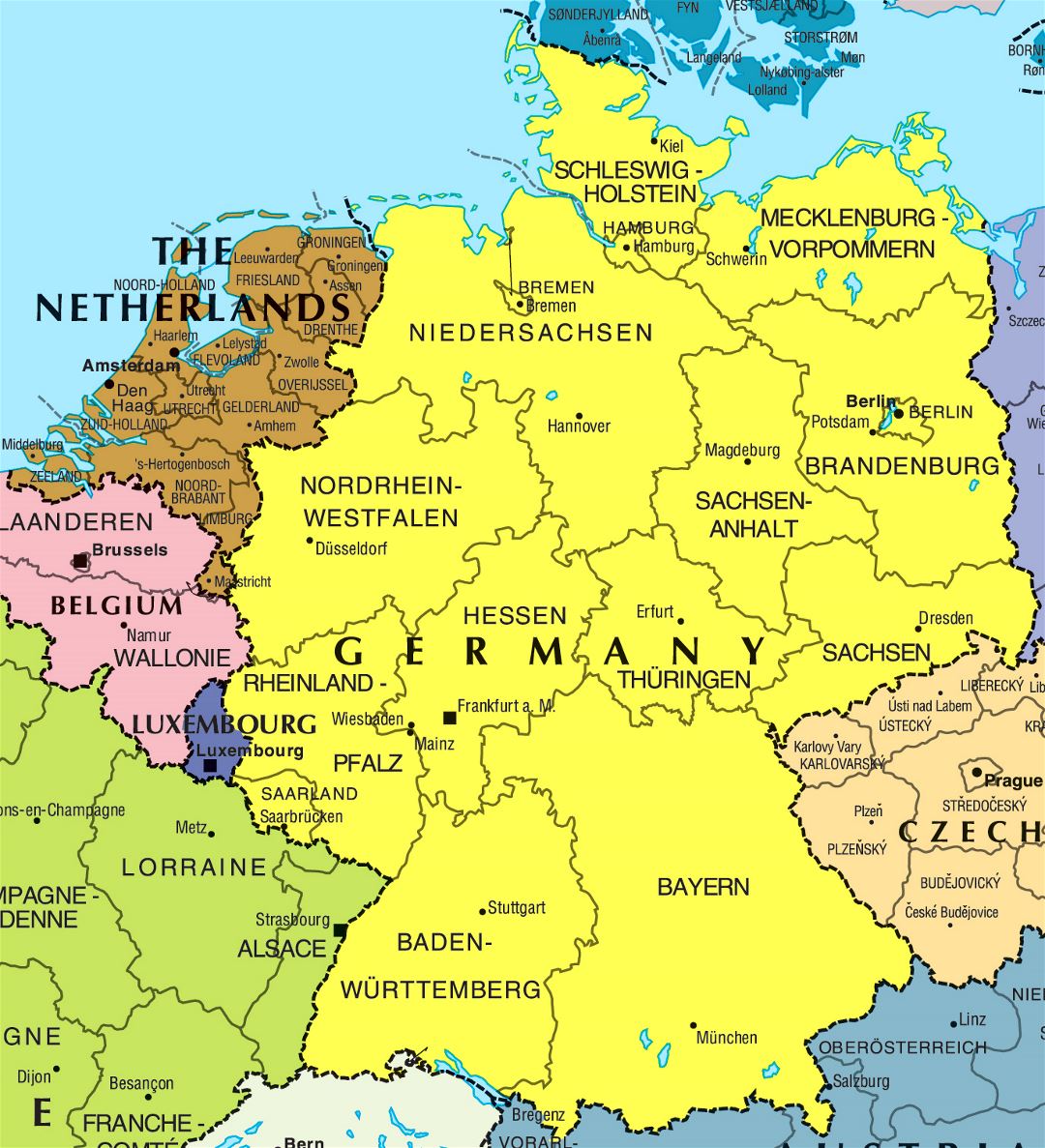Large political and administrative map of Germany and Netherlands