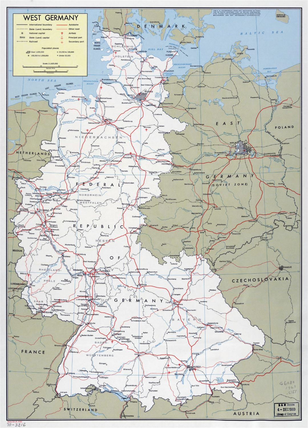 Large political and administrative map of West Germany with roads, railroads, airports, seaports and major cities - 1969