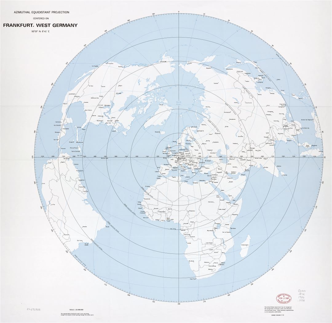 Large scale detail azimuthal equidistant projection map - centered on Frankfurt, West Germany - 1986